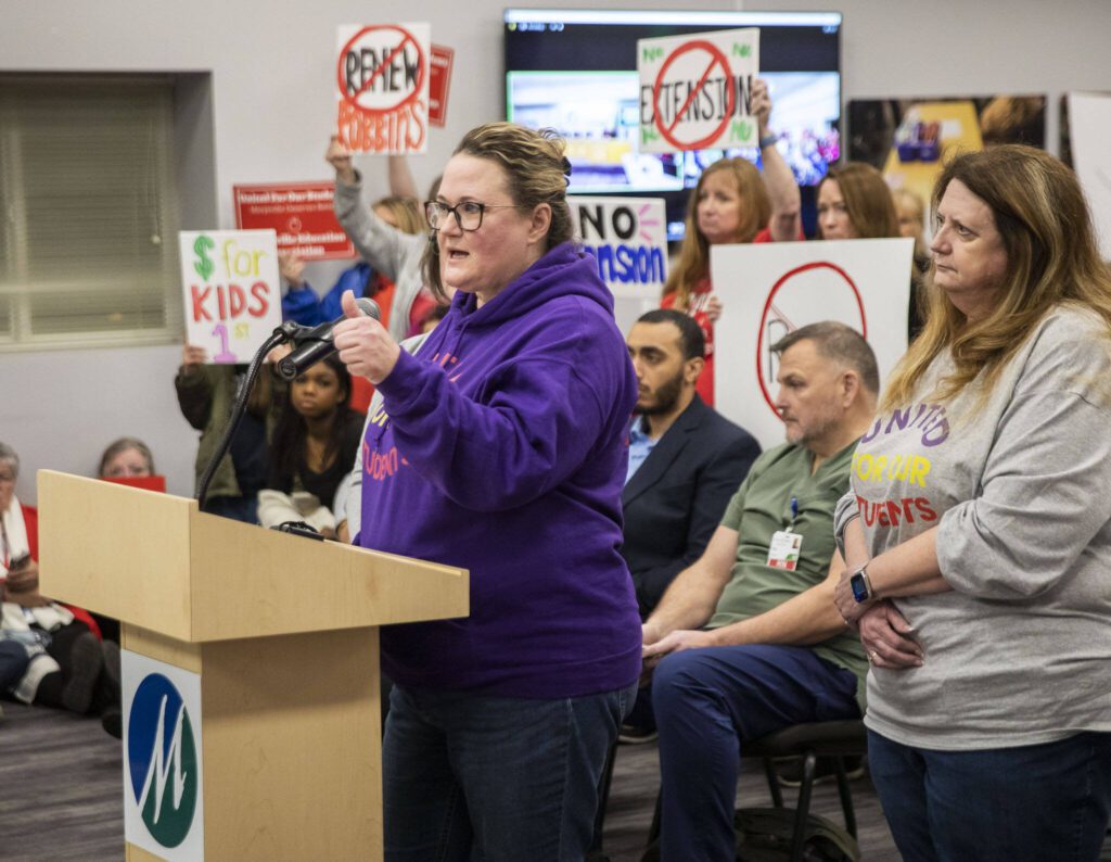 Christy Tautfest speaks during public comment at a Marysville School Board meeting on Monday, Feb. 5, 2024 in Marysville, Washington. (Olivia Vanni / The Herald)
