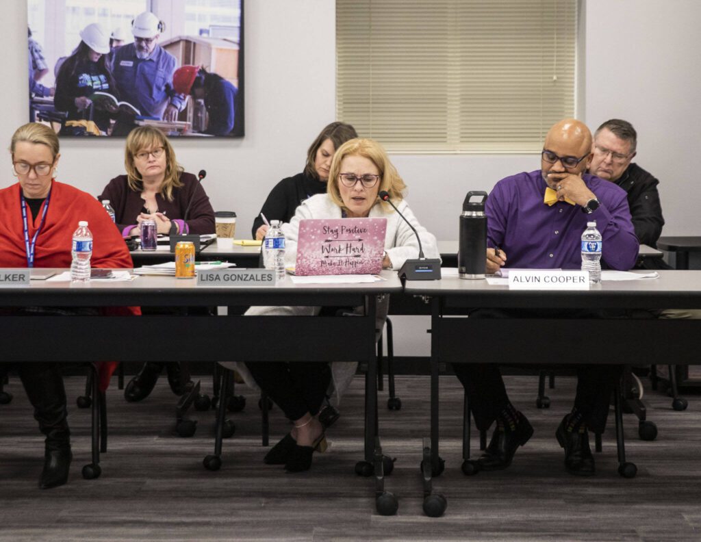 Executive Director of Operations & Finance Lisa Gonzales speaks during a Marysville School Board meeting on Monday, Feb. 5, 2024 in Marysville, Washington. (Olivia Vanni / The Herald)
