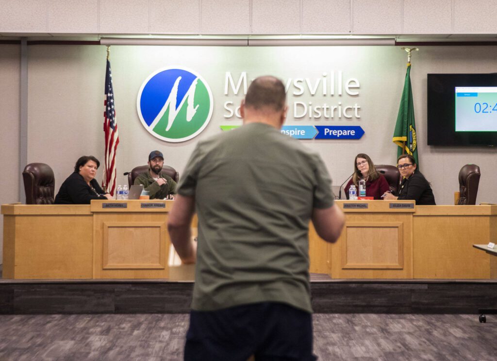 Marysville School Board members listen to public comment during a board meeting on Monday, Feb. 5, 2024 in Marysville, Washington. (Olivia Vanni / The Herald)
