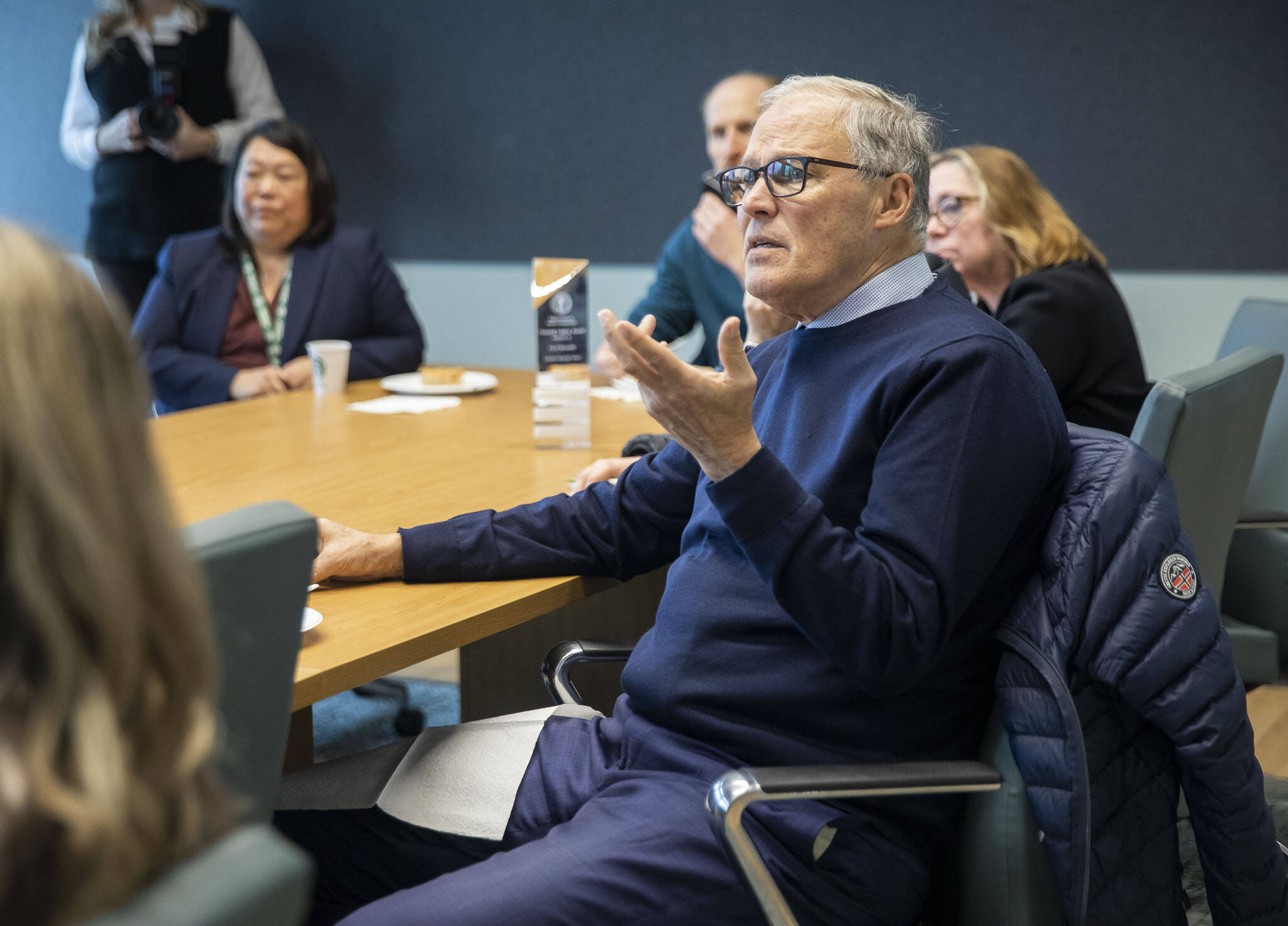 Gov. Jay Inslee asks a question during a presentation and overview of Cascade Industrial Center on Tuesday, Feb. 6, 2024 in Marysville, Washington. (Olivia Vanni / The Herald)