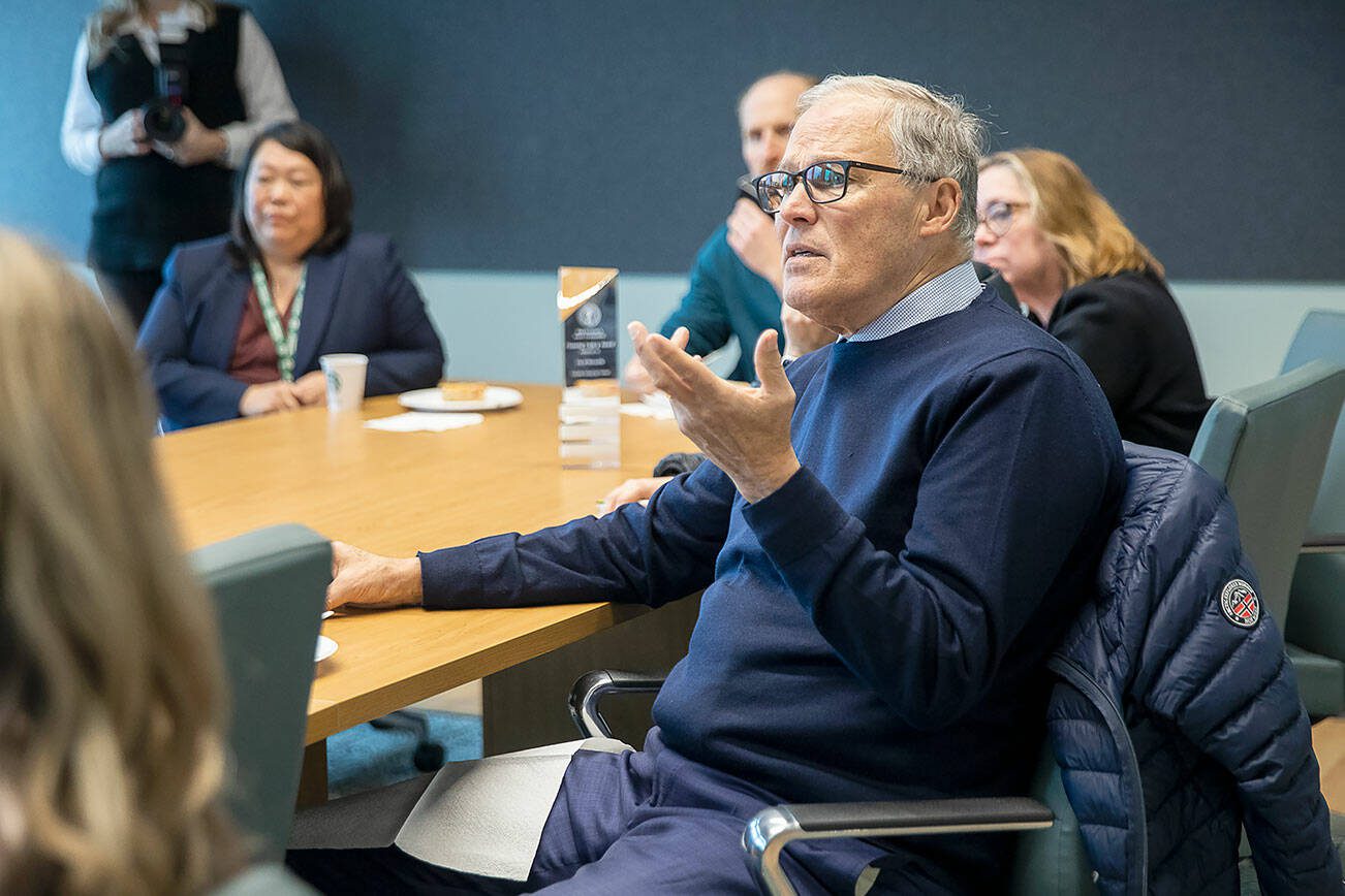 Gov. Jay Inslee asks a question during a presentation and overview of Cascade Industrial Center on Tuesday, Feb. 6, 2024 in Marysville, Washington. (Olivia Vanni / The Herald)