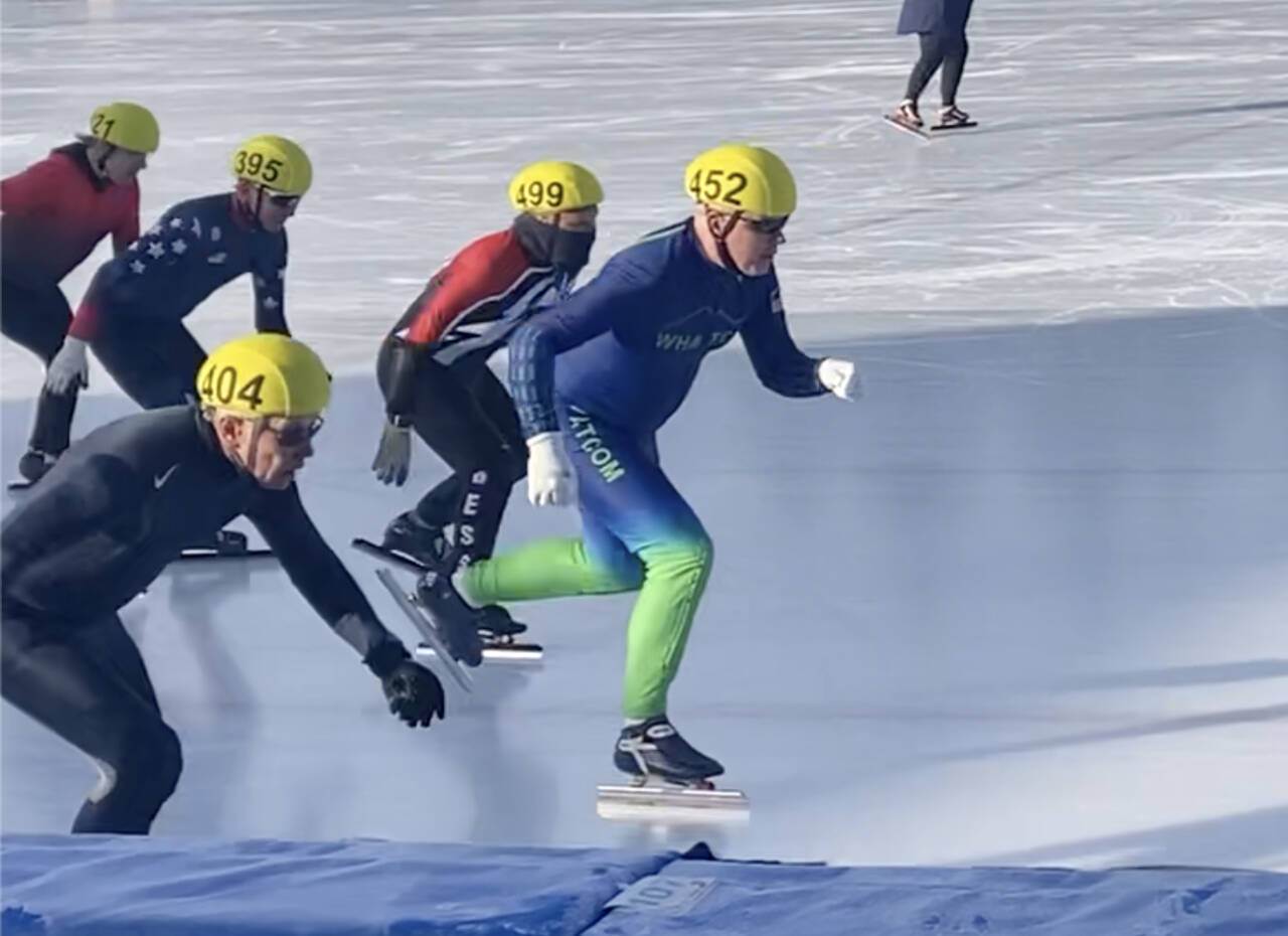 Edmonds resident Bruce Guthrie (452) races during the U.S. Long Track Age Group Nationals in Roseville, Minn. (Provided photo)