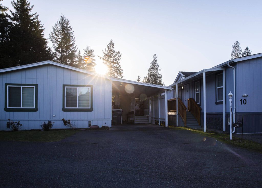 The sun shines through the trees surrounding Sherwood Village on Tuesday, Feb. 13, 2024 in Mill Creek, Washington. (Olivia Vanni / The Herald)
