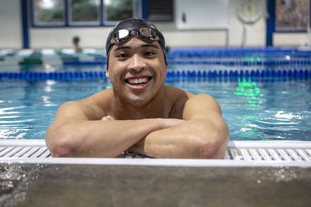 Jackson High School swimmer Ethan Chen-Parks poses for a photo on Wednesday, Feb. 7, 2024 at West Coast Aquatics in Bothell, Washington. (Annie Barker / The Herald)
