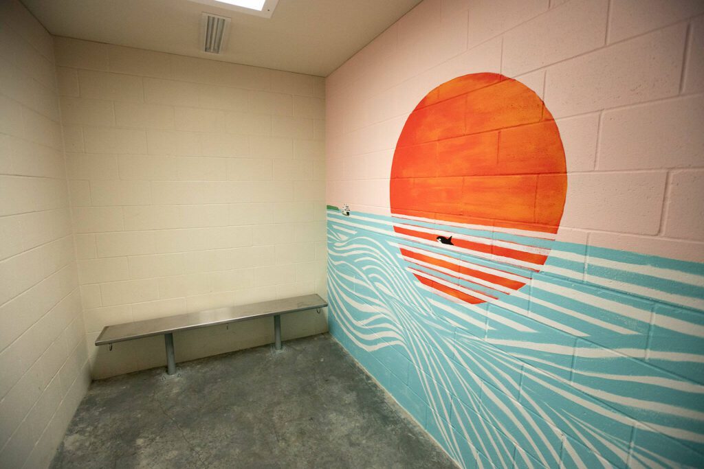 A mural painted by Amanda Murillo covers a wall in a jail cell at the Mukilteo Police Station. (Ryan Berry / The Herald)
