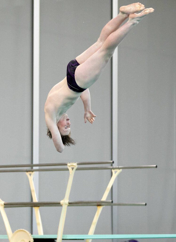Kamiak junior Cade Farmer competes in diving during the Class 4A District 1 swim and dive championships Saturday at the Snohomish Aquatic Center in Snohomish. (Ryan Berry / The Herald)
