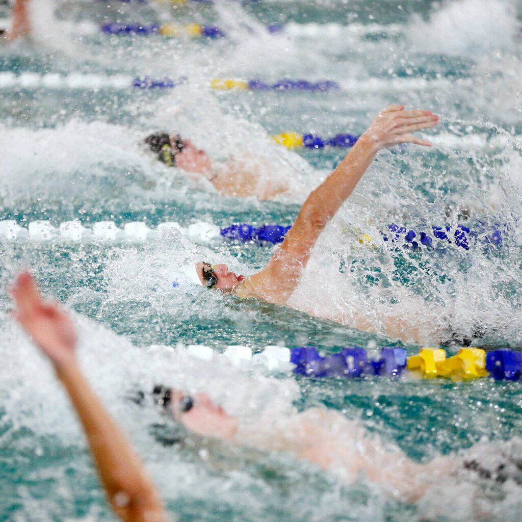Swimmers compete in the 200 yard medley relay during the Class 3A District 1 swim and dive meet Saturday at the Snohomish Aquatic Center in Snohomish. (Ryan Berry / The Herald)
