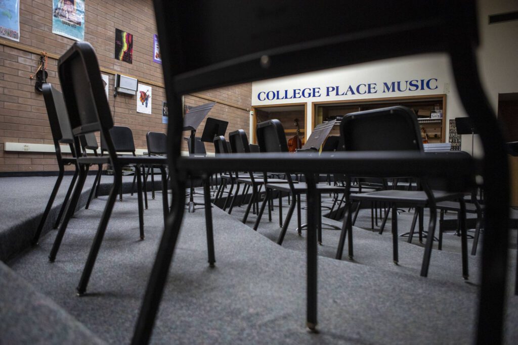 The music room inside College Place Middle School in Lynnwood, Washington, on Thursday, Feb. 1, 2023. If approved, a capital bond measure on the February ballot would allow the school district to rebuild both College Place Elementary and Middle. (Annie Barker / The Herald)
