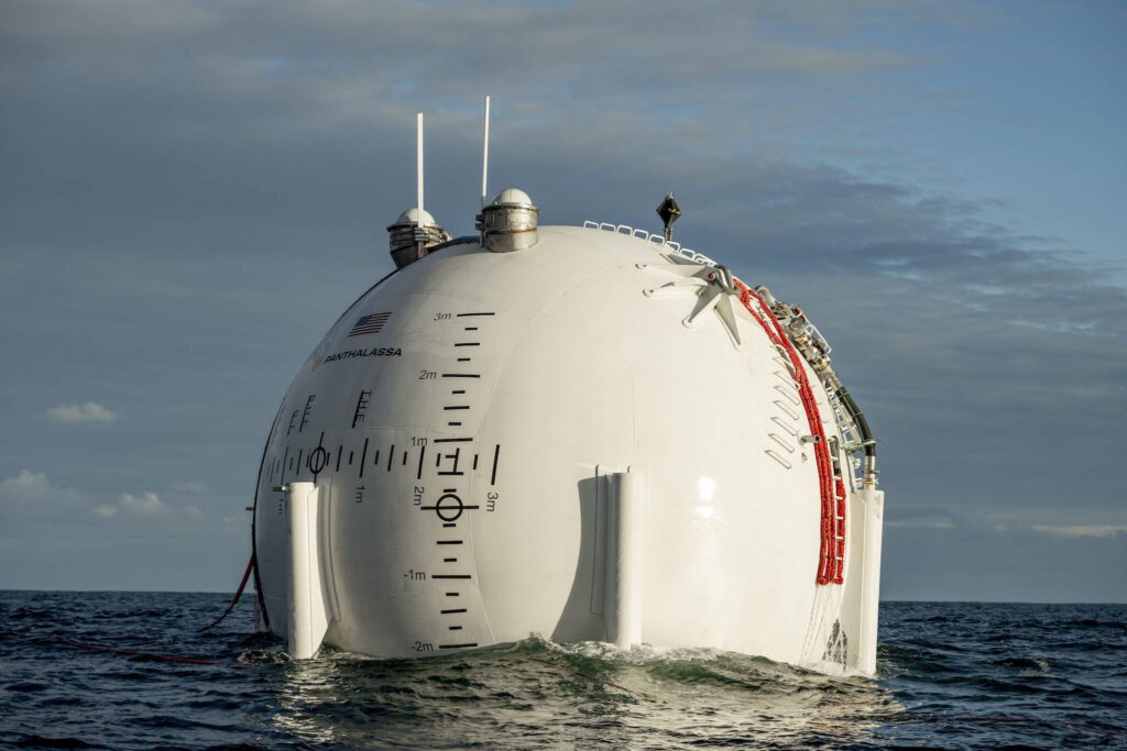 Ocean-2, a prototype for a renewable energy capture buoy made by Panthalassa, is vertical while operating. (Photo provided by Panthalassa) 
