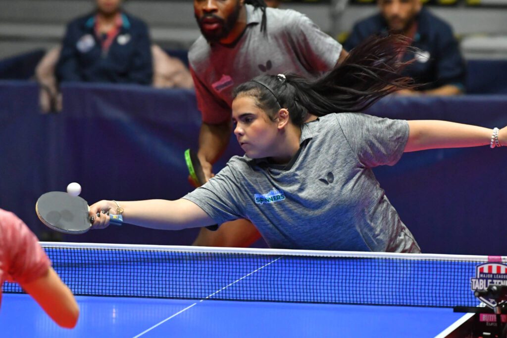 Fabiola Diaz of the Seattle Spinners in action during a Major League Table Tennis event. (Major League Table Tennis)
