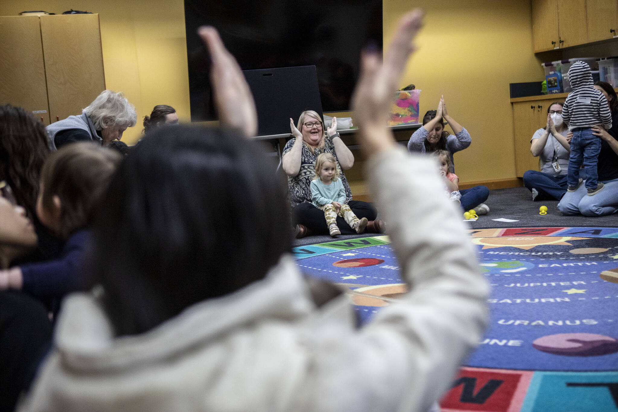 Librarian Andrea Wallis leads activities during Toddler Storytime at the Main Everett Library on Tuesday, Feb. 13, 2024 in Everett, Washington. (Annie Barker / The Herald)