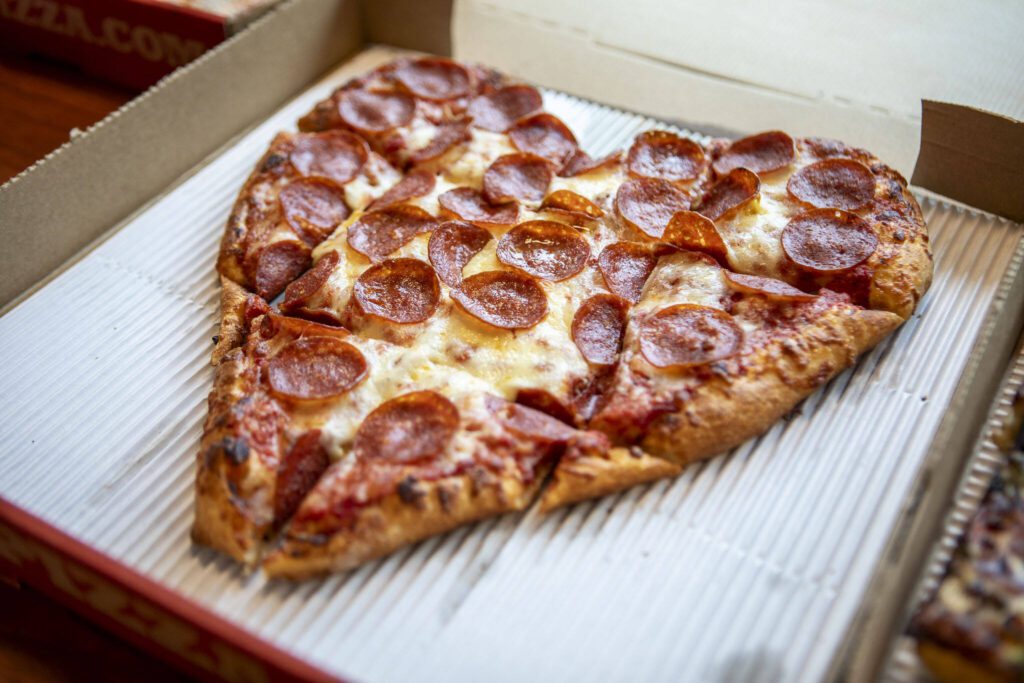 A heart-shaped, hand-tossed pepperoni pie from Jet’s Pizza in Lynnwood. (Annie Barker / The Herald)
