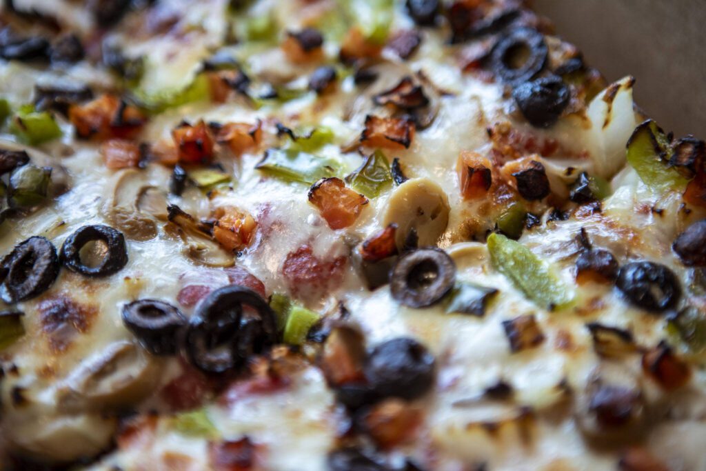 An 8 Corner Detroit-style Veggie pie from Jet’s Pizza in Lynnwood. (Annie Barker / The Herald)
