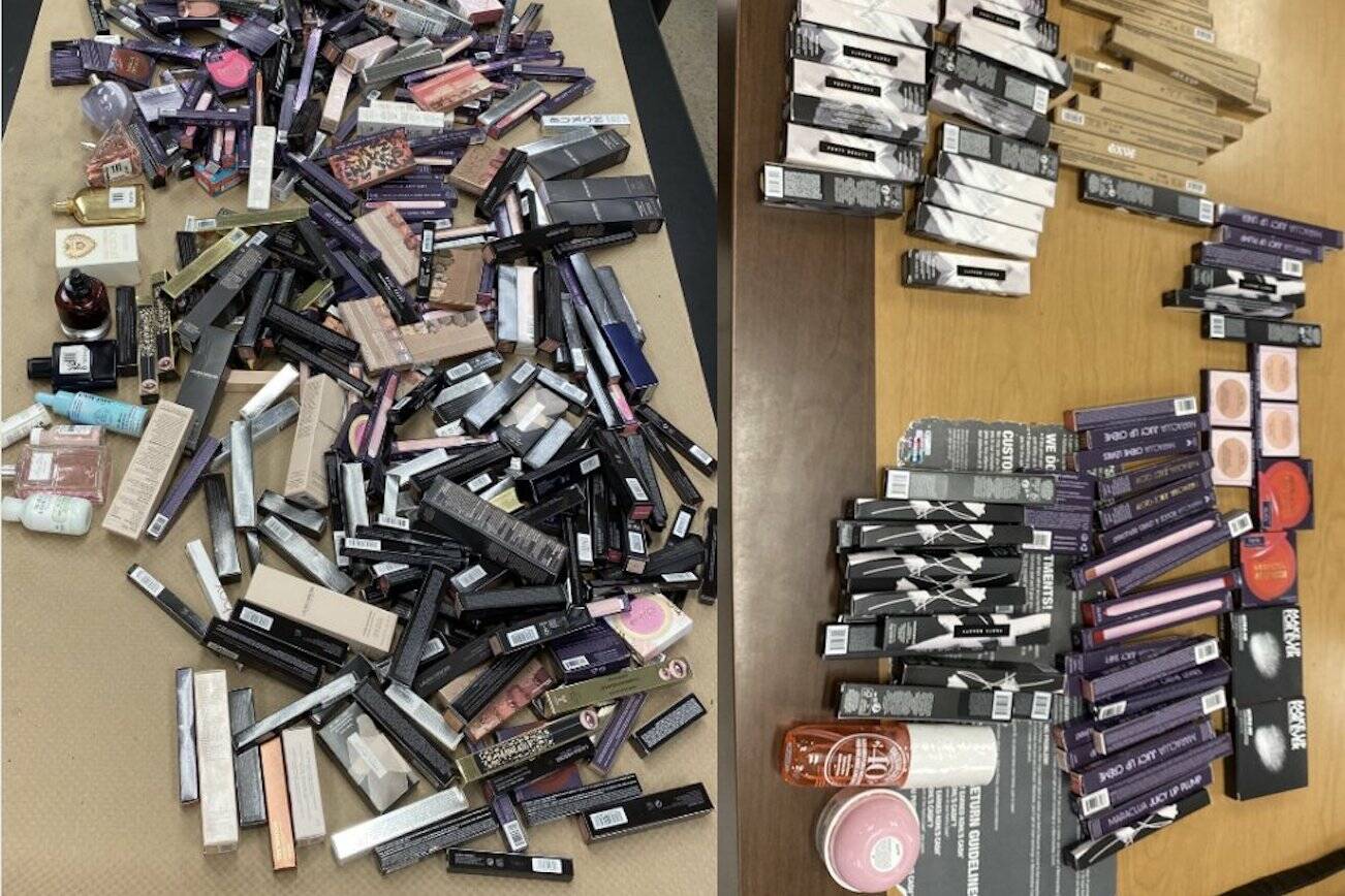 Over $12,000 worth of stolen cosmetics that was located by Lynnwood Police officers. (Photo provided by Lynnwood Police)