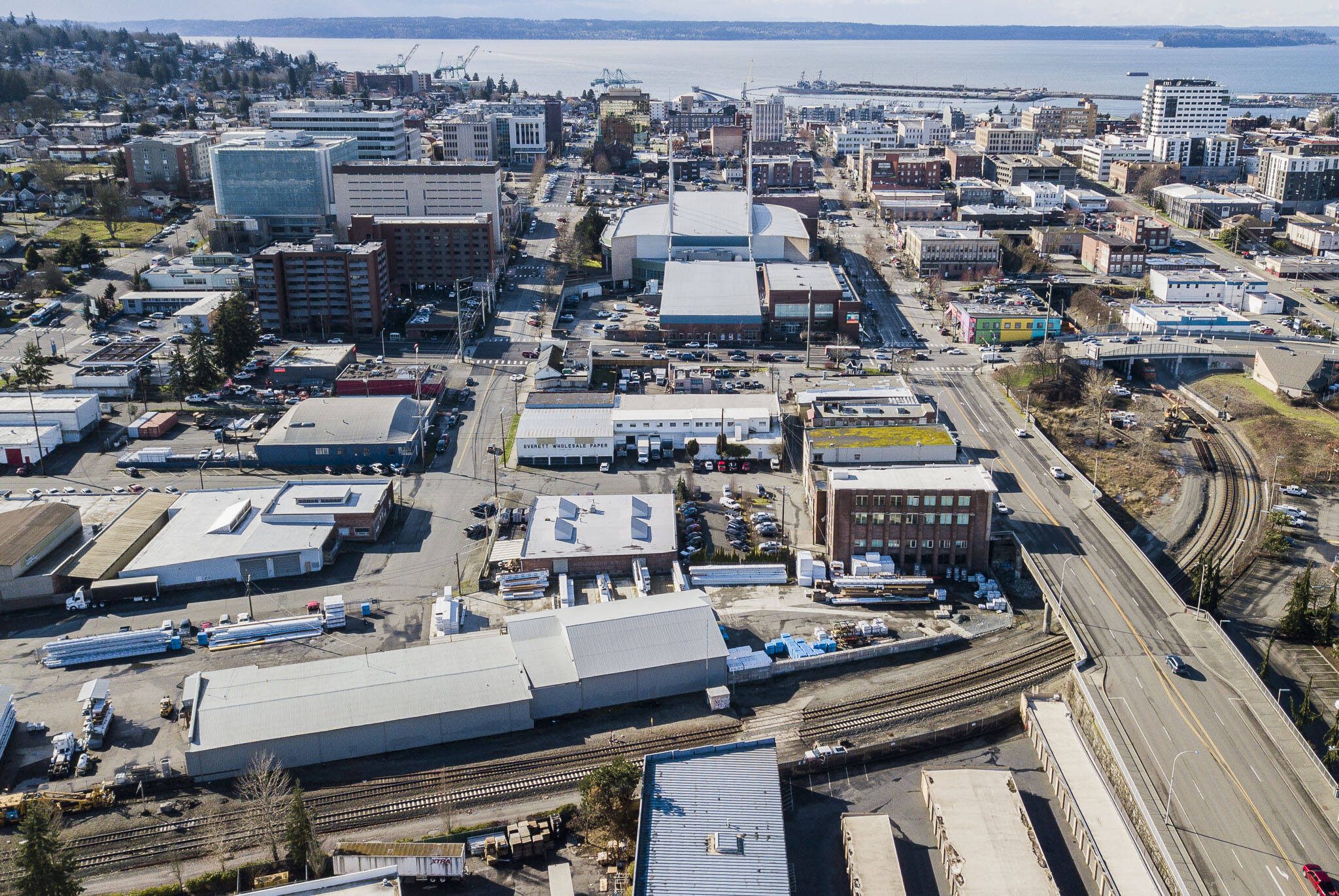 A view of one of the potential locations of the new Aquasox stadium on Monday, Feb. 26, 2024 in Everett, Washington. The site sits between Hewitt Avenue, Broadway, Pacific Avenue and the railroad. (Olivia Vanni / The Herald)