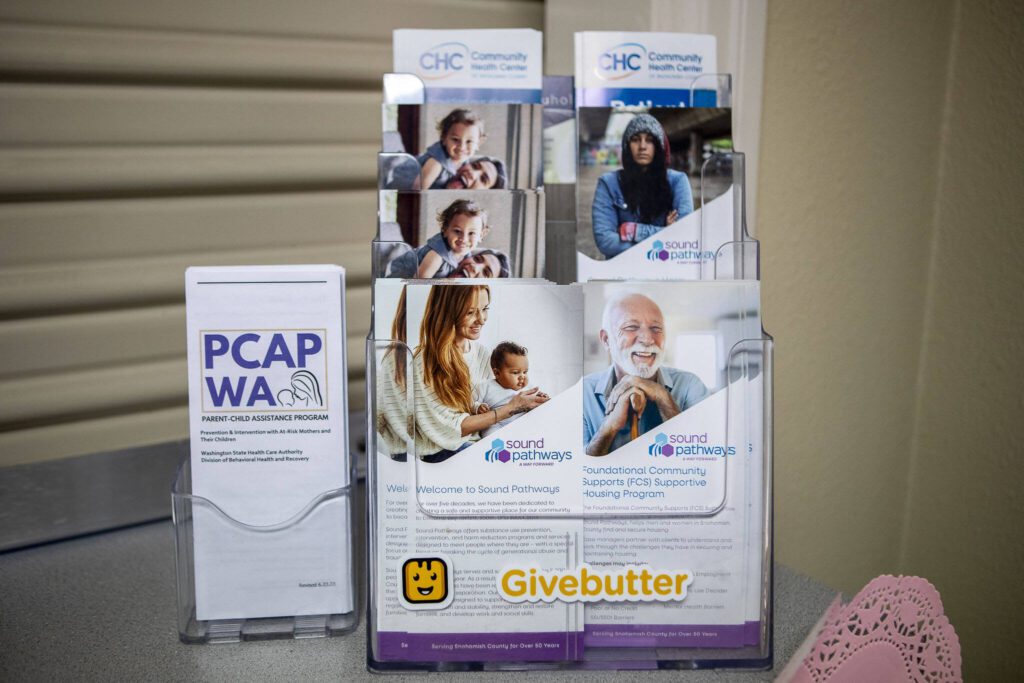 Informational brochures at the Parent-Child Assistance Program office at Sound Pathways in Everett, Washington on Friday, Jan. 12, 2024. (Annie Barker / The Herald)
