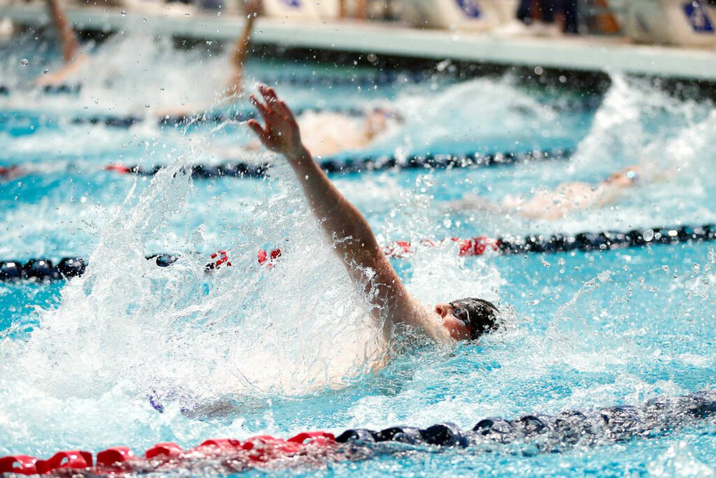 Lake Stevens competes in the 200 yard medley relay final during the WIAA 4A Boys Swim and Dive Championships on Saturday, Feb. 17, 2024, at the Weyerhaeuser King County Aquatic Center in Federal Way, Washington. (Ryan Berry / The Herald)
