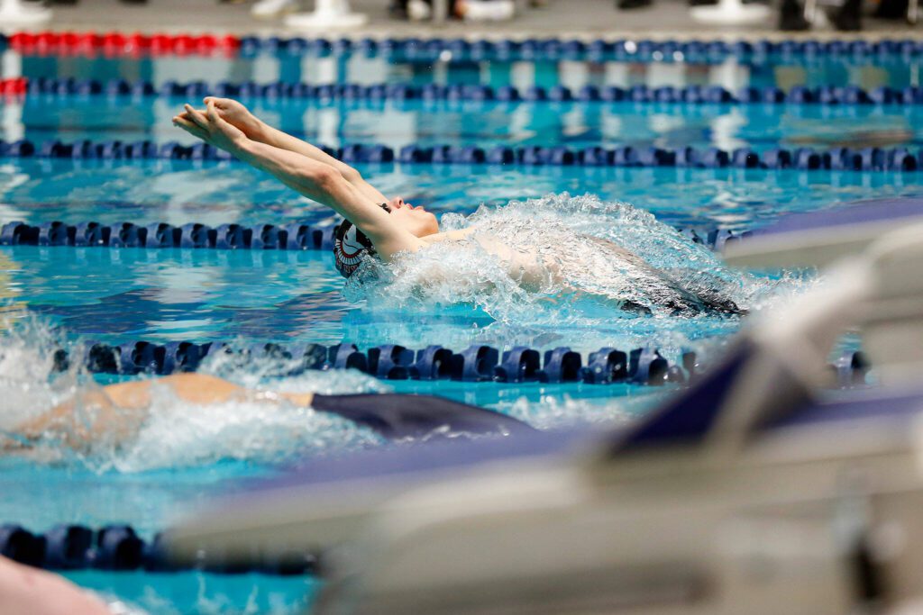 Stanwood’s Levi Steirs takes off in the 50 yard backstroke adaptive swim during the WIAA 3A Boys Swim and Dive Championships on Saturday, Feb. 17, 2024, at the Weyerhaeuser King County Aquatic Center in Federal Way, Washington. (Ryan Berry / The Herald)
