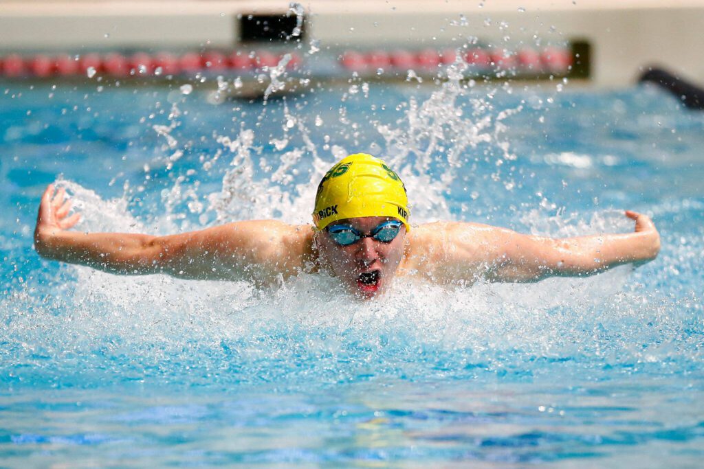 Shorecrest junior Kason Kirkpatrick swims in the 100 yard butterfly final during the WIAA 3A Boys Swim and Dive Championships on Saturday, Feb. 17, 2024, at the Weyerhaeuser King County Aquatic Center in Federal Way, Washington. (Ryan Berry / The Herald)
