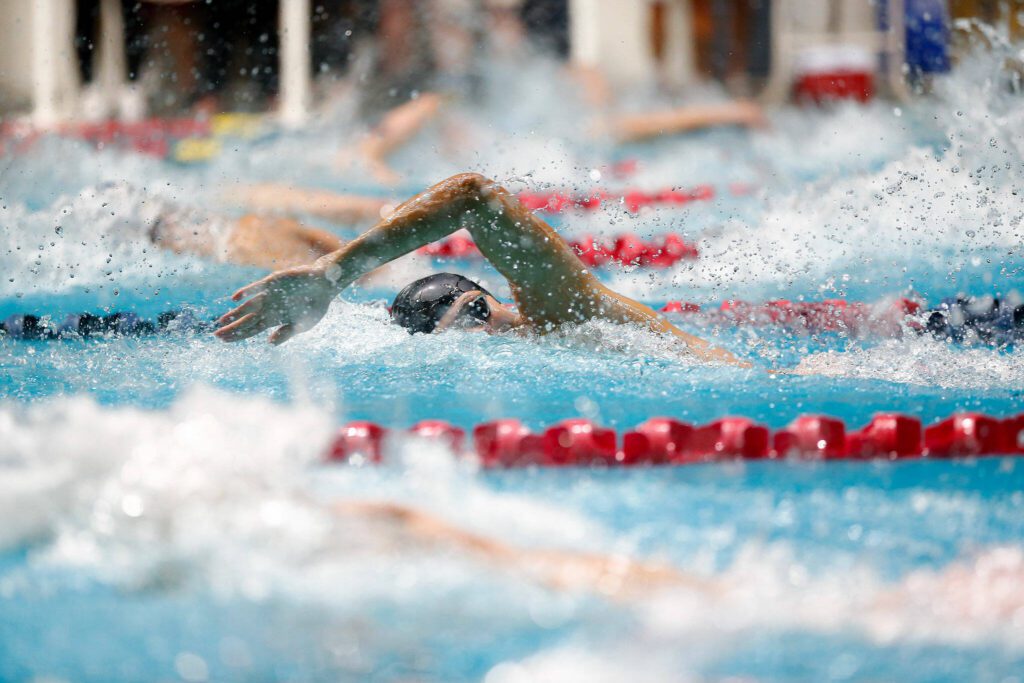 Shorecrest junior Tristan Serrano swims in the 100 yard freestyle consolation during the WIAA 3A Boys Swim and Dive Championships on Saturday, Feb. 17, 2024, at the Weyerhaeuser King County Aquatic Center in Federal Way, Washington. (Ryan Berry / The Herald)
