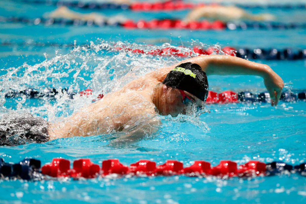 Jackson senior Ethan Georgiev ties for 4th in state in the 100 yard freestyle final during the WIAA 4A Boys Swim and Dive Championships on Saturday, Feb. 17, 2024, at the Weyerhaeuser King County Aquatic Center in Federal Way, Washington. (Ryan Berry / The Herald)
