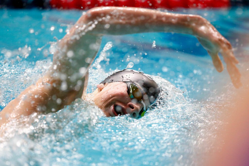 Lake Stevens junior Hunter Latham takes 7th in state in the 200 yard freestyle during the WIAA 4A Boys Swim and Dive Championships on Saturday, Feb. 17, 2024, at the Weyerhaeuser King County Aquatic Center in Federal Way, Washington. (Ryan Berry / The Herald)
