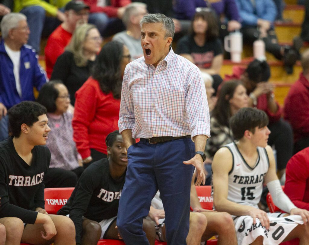 Mountlake Terrace head coach Nalin Sood yells at the referees during the 3A boys district championship game against Arlington on Saturday, Feb. 17, 2024 in Marysville, Washington. (Olivia Vanni / The Herald)
