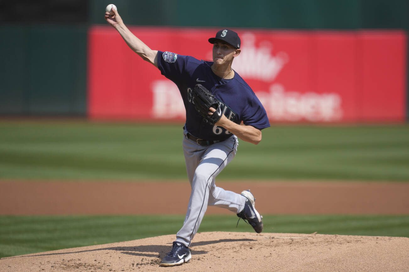 Seattle Mariners pitcher George Kirby during a baseball game against the Oakland Athletics in Oakland, Calif., Wednesday, Sept. 20, 2023. (AP Photo/Jeff Chiu)