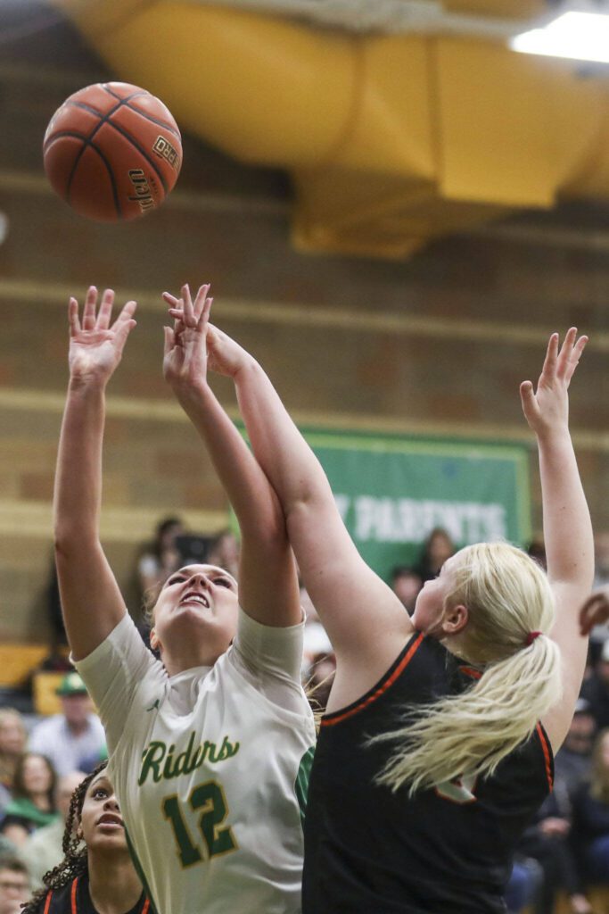 Roosevelt ’s Ava Dorling (12) shoots the ball during a 3A girls game between Monroe and Roosevelt at Roosevelt High School on Tuesday, Feb. 20, 2024, in Seattle, WA. Monroe fell, 58-37. (Annie Barker / The Herald)
