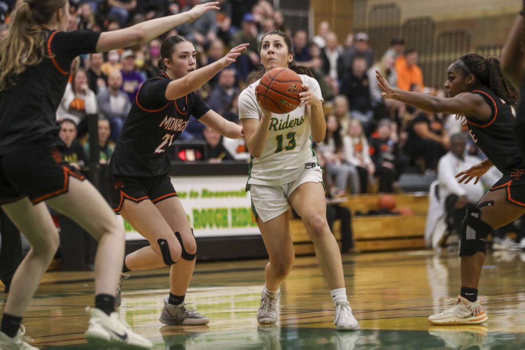 Roosevelt ’s Clara Swanson (13) shoots the ball during a 3A girls game between Monroe and Roosevelt at Roosevelt High School on Tuesday, Feb. 20, 2024, in Seattle, WA. Monroe fell, 58-37. (Annie Barker / The Herald)
