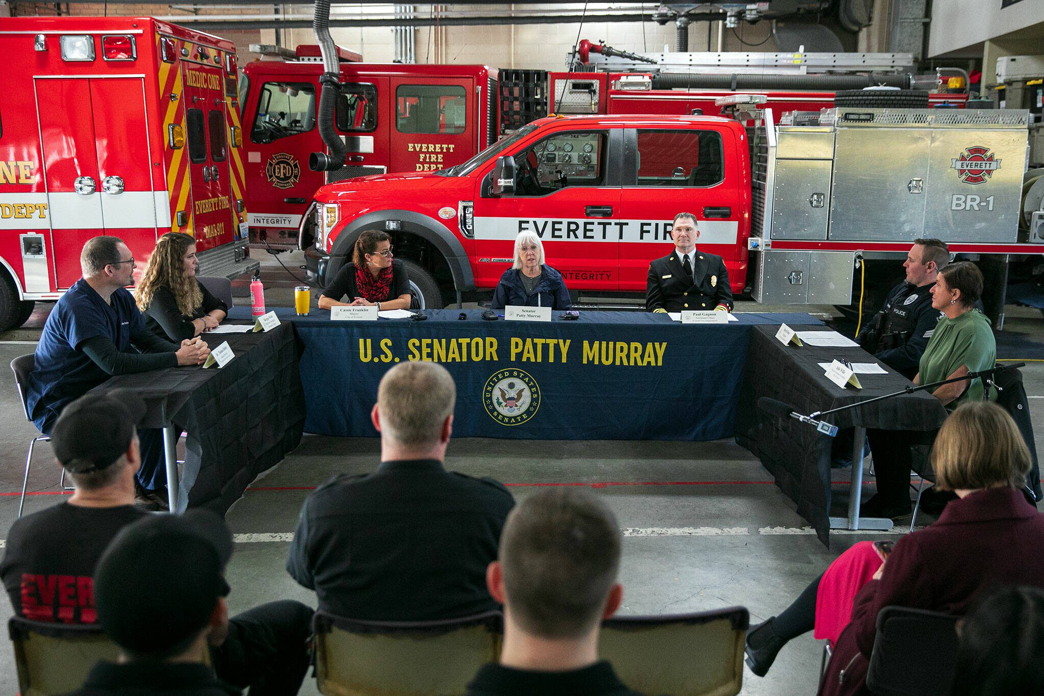 Sen. Patty Murray leads a discussion at the Everett Fire Department’s Rucker station on Thursday, Feb. 22, 2024, in Everett, Washington. (Ryan Berry / The Herald)