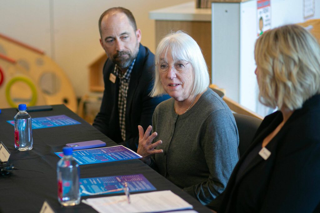 Sen. Patty Murray speaks during a meeting at the Everett YMCA on Thursday, Feb. 22, 2024, in Everett, Washington. (Ryan Berry / The Herald)
