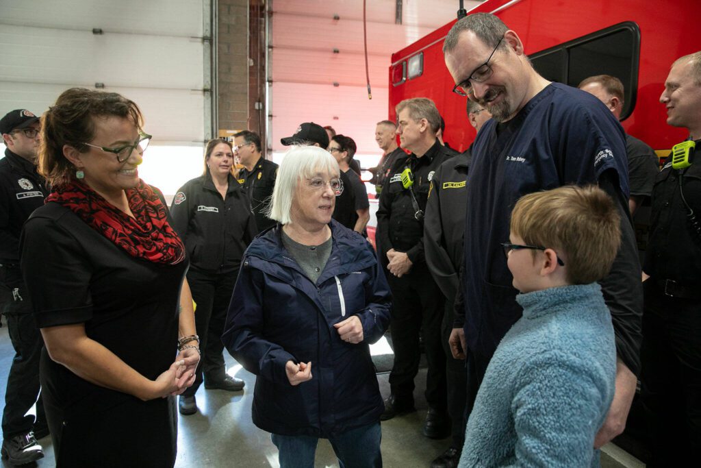 Sen. Patty Murray meets and greets following a discussion at Everett Fire Department’s Station 1 about the city’s opioid crisis Thursday, Feb. 22, 2024, in Everett, Washington. (Ryan Berry / The Herald)
