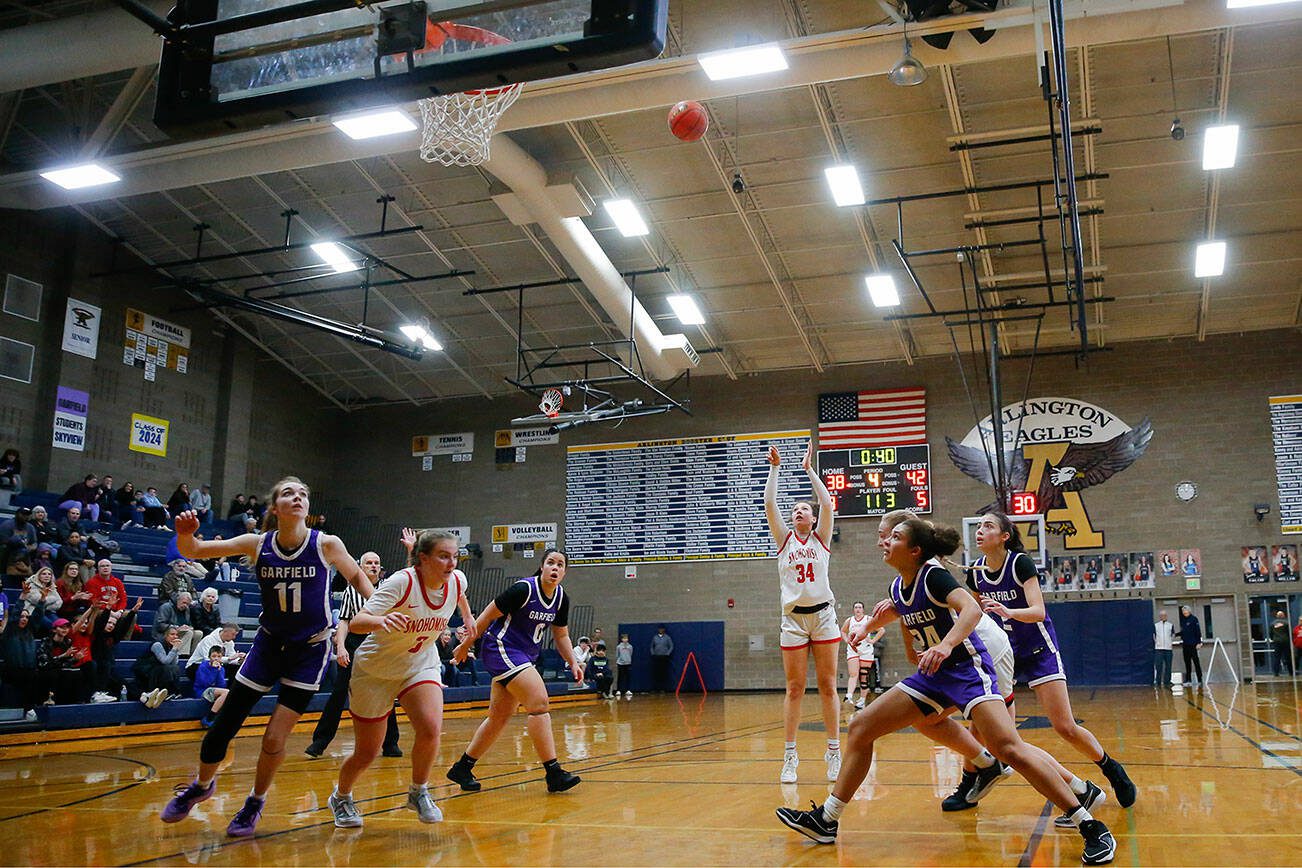 Snohomish junior Tyler Gildersleeve-Stiles shoots a free-throw in a close game against Garfield during a playoff matchup at Arlington High School on Friday, Feb. 23, 2024, in Arlington, Washington. (Ryan Berry / The Herald)