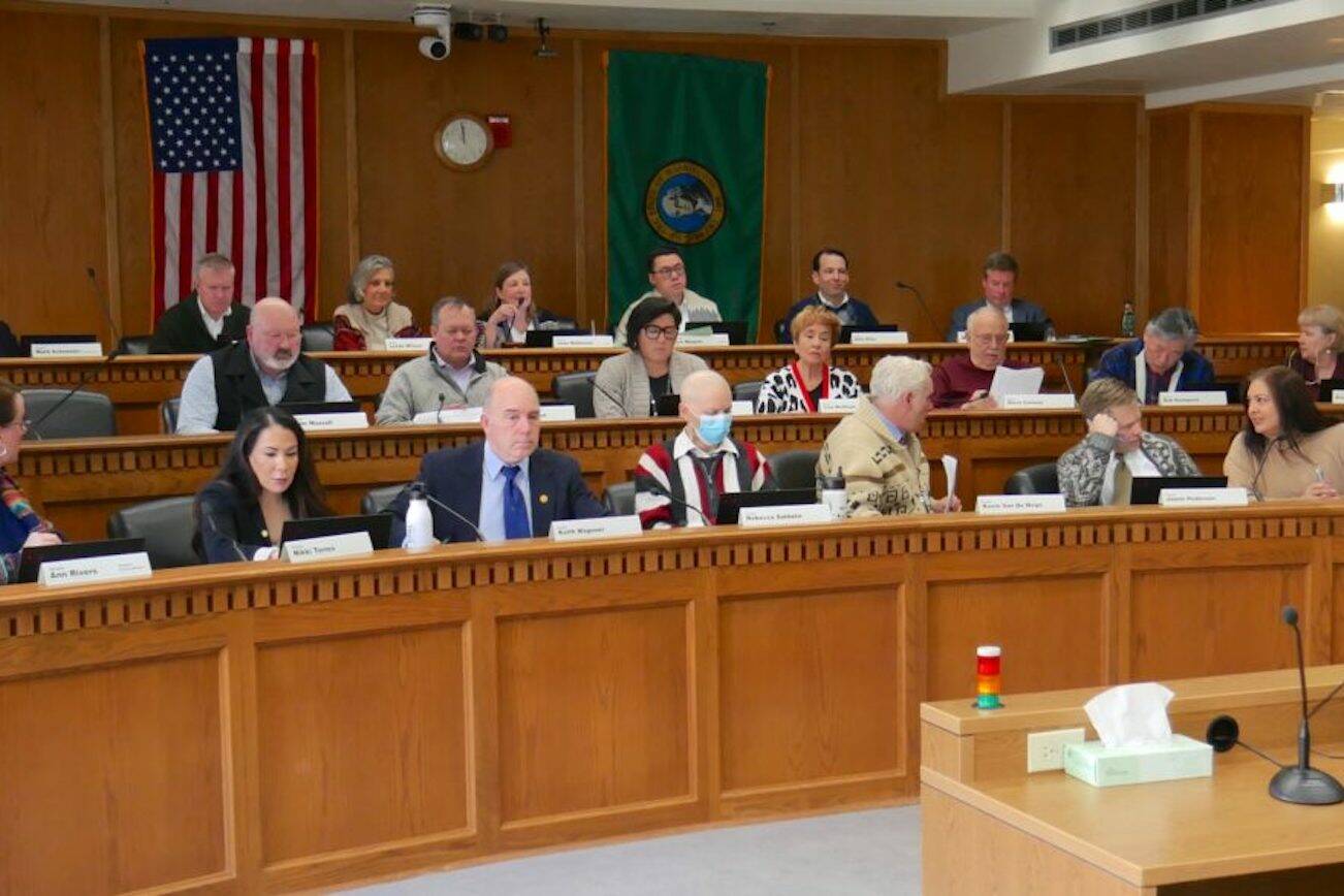 The Senate Ways and Means Committee during its meeting on Monday, Feb. 26, 2024, where the panel indicated it would not move ahead with legislation to cap residential rent increases at 7%. The move effectively killed the bill for the 2024 legislative session. (Bill Lucia/Washington State Standard)