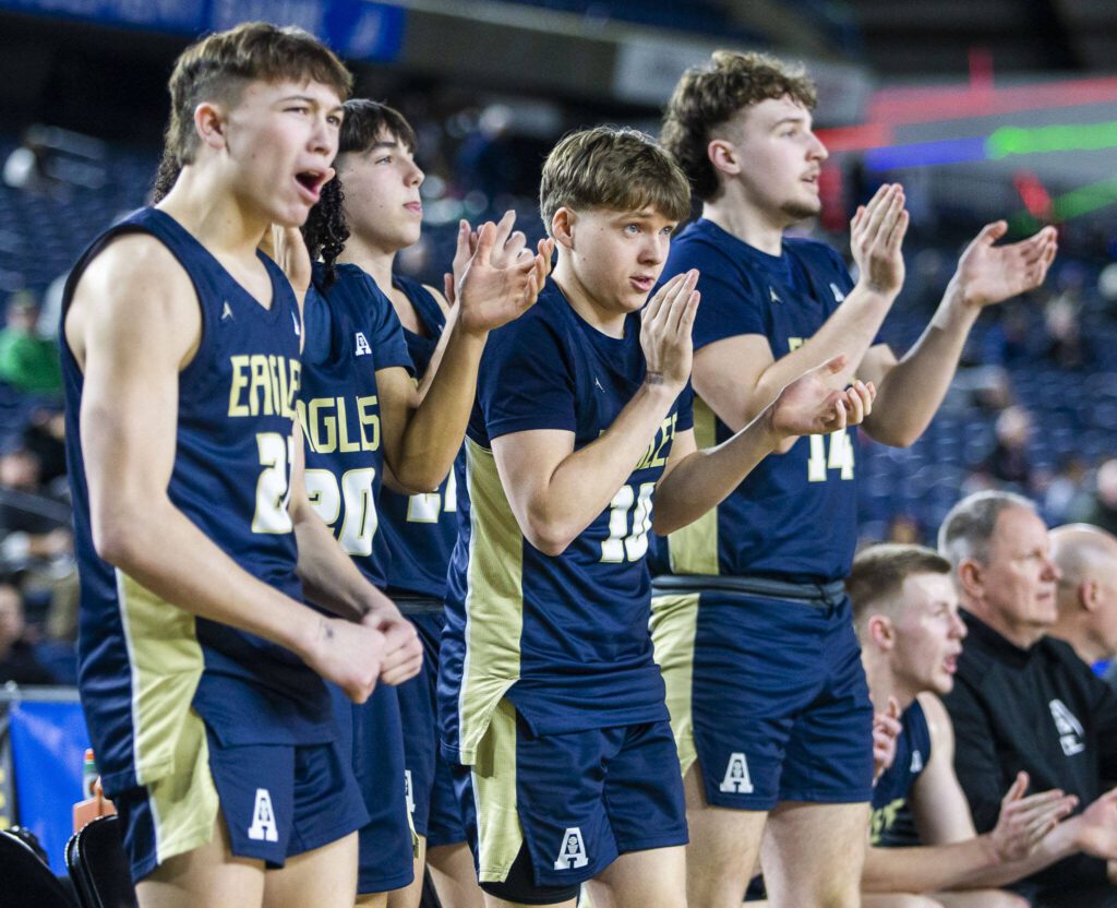 The Arlington cheers on their teammates during the 3A boys state basketball game against Garfield on Wednesday, Feb. 28, 2024 in Tacoma, Washington. (Olivia Vanni / The Herald)
