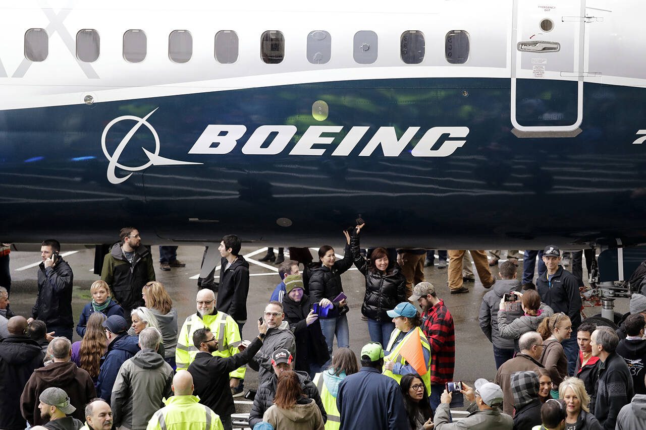 In this Feb. 5, 2018, file photo a Boeing 737 MAX 7 is displayed during a debut for employees and media of the new jet in Renton, Wash. (AP Photo/Elaine Thompson, File)