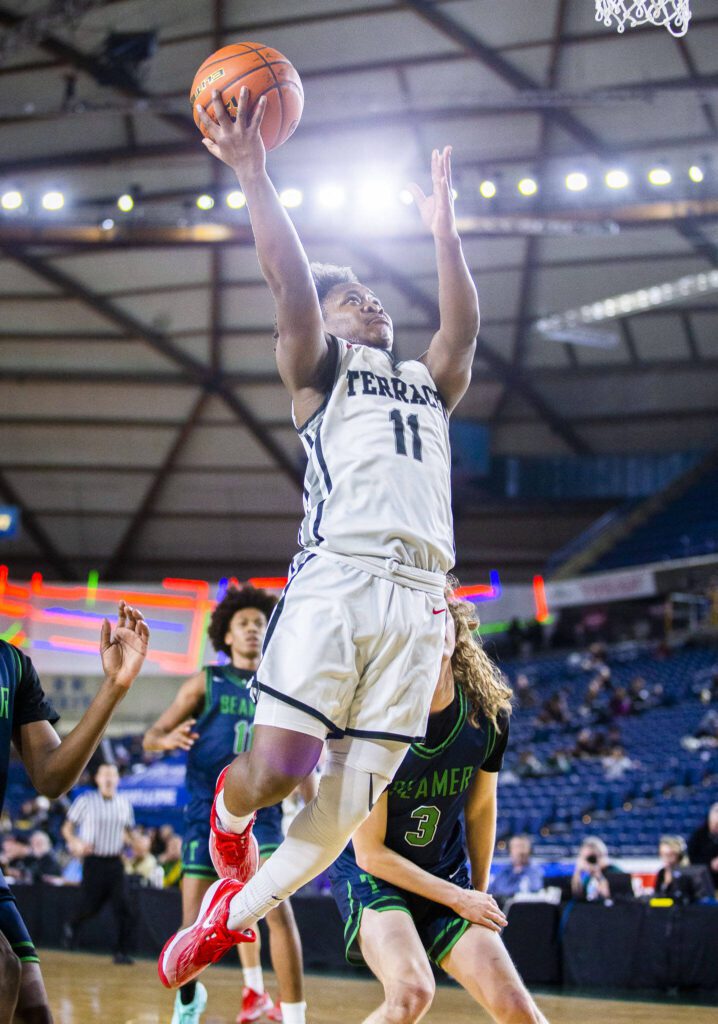 Mountlake Terrace’s Rayshaun Connor makes a layup during the 3A boys state basketball game against Todd Beamer on Wednesday, Feb. 28, 2024 in Tacoma, Washington. (Olivia Vanni / The Herald)
