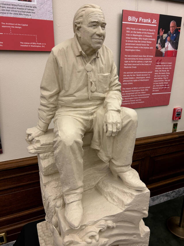 A model of a statue of Billy Frank Jr., the Nisqually tribal fishing rights activist, is on display in the lobby of the lieutenant governor’s office in the state Capitol. (Jon Bauer / The Herald)