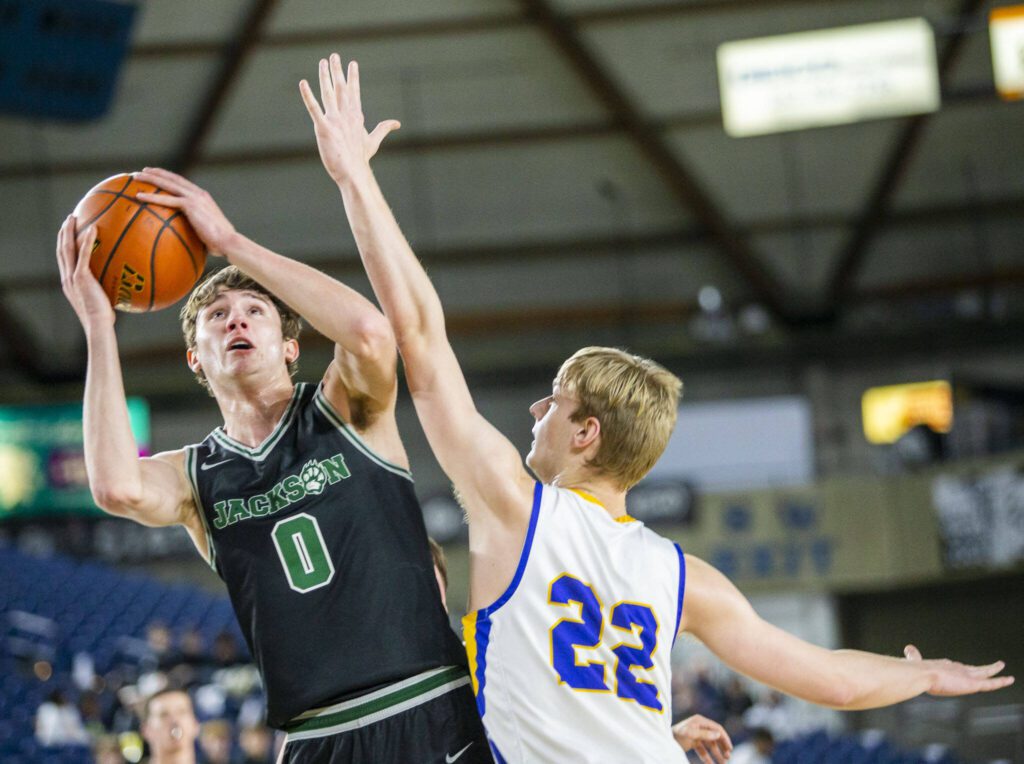 Jackson’s Ryan Mcferran attempts a layup during the 4A boys state basketball game against Tahoma on Wednesday, Feb. 28, 2024 in Tacoma, Washington. (Olivia Vanni / The Herald)
