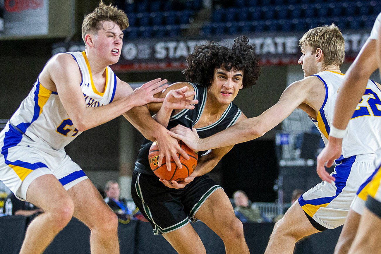 Jackson’s Seamus Williams tries to maneuver through outstretched arms during the 4A boys state basketball game against Tahoma on Wednesday, Feb. 28, 2024 in Tacoma, Washington. (Olivia Vanni / The Herald)