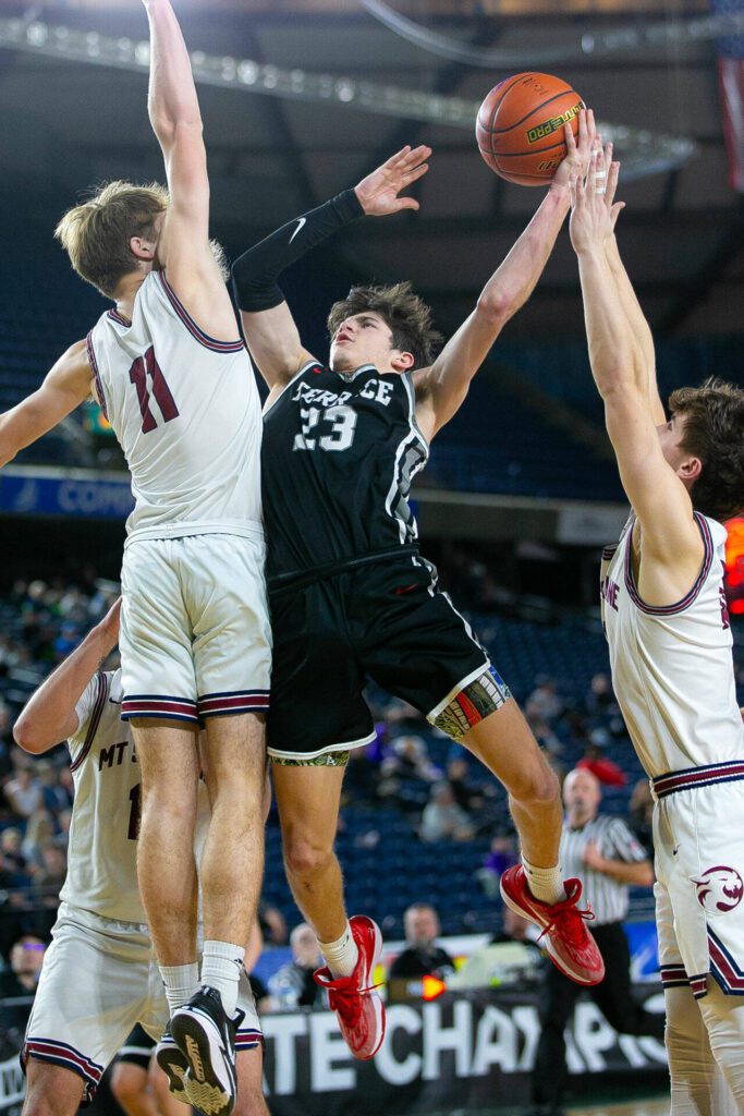 Mountlake Terrace’s Brody Myers-Little goes up for a contested layup during a WIAA 3A Boys Basketball quarterfinal against Mount Spokane on Thursday, Feb. 29, 2024, at the Tacoma Dome in Tacoma, Washington. (Ryan Berry / The Herald)
