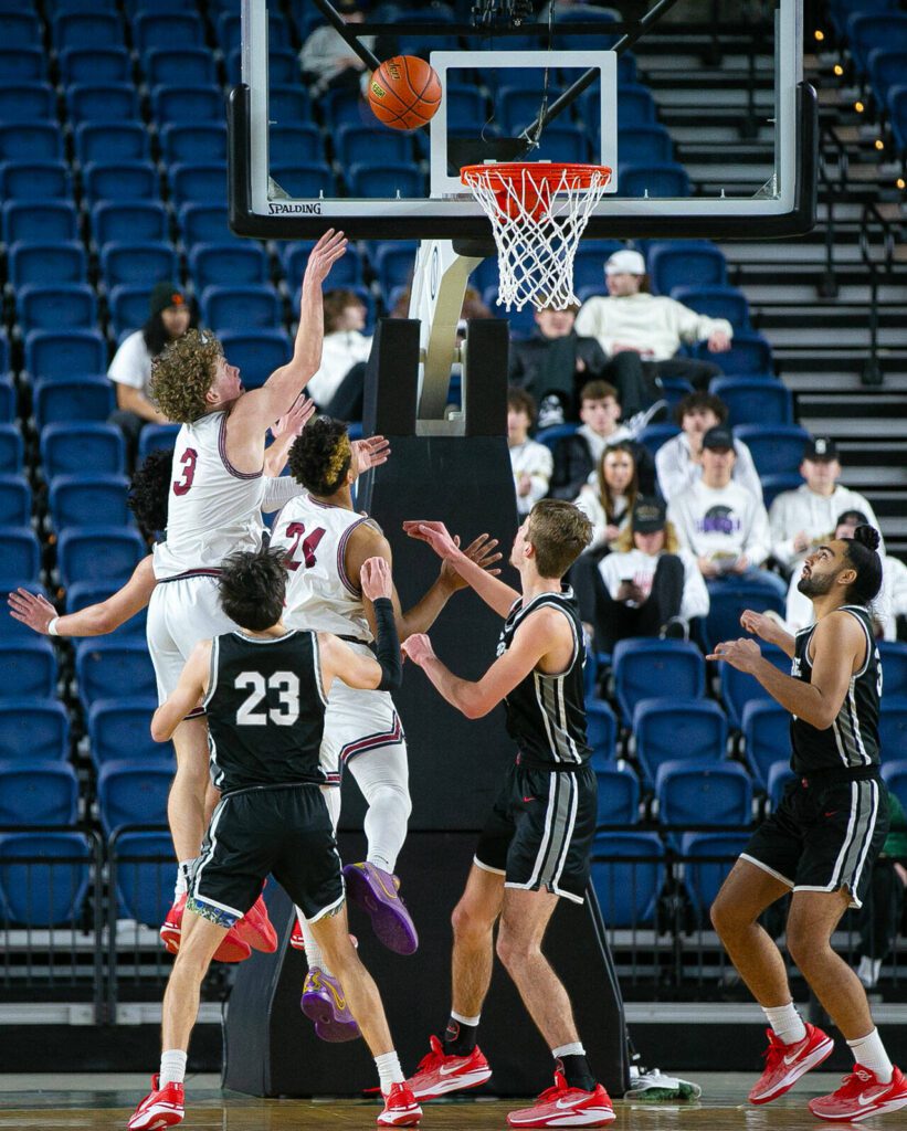 Mount Spokane’s Ryan Lafferty scores on a putback during a WIAA 3A Boys Basketball quarterfinal against Mountlake Terrace on Thursday, Feb. 29, 2024, at the Tacoma Dome in Tacoma, Washington. (Ryan Berry / The Herald)
