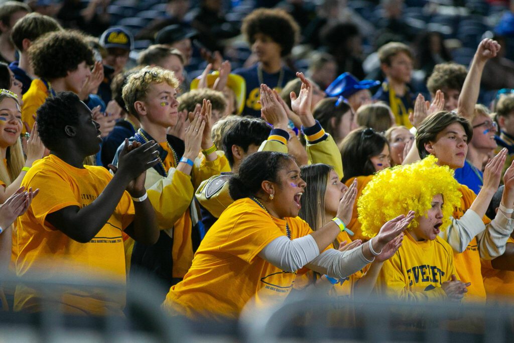 The Everett faithful cheer on their team during a WIAA 3A Girls Basketball quarterfinal against Garfield on Thursday, Feb. 29, 2024, at the Tacoma Dome in Tacoma, Washington. (Ryan Berry / The Herald)
