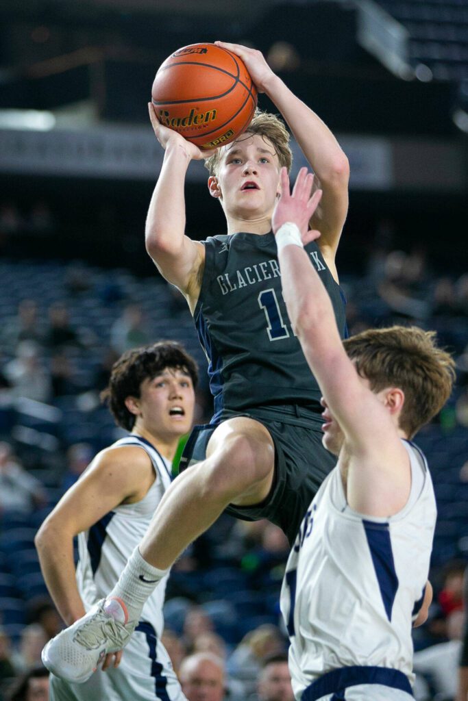 Glacier Peak sophomore Reed Nagel goes up for a shot during a WIAA 4A Boys Basketball quarterfinal against Gonzaga Prep on Thursday, Feb. 29, 2024, at the Tacoma Dome in Tacoma, Washington. (Ryan Berry / The Herald)
