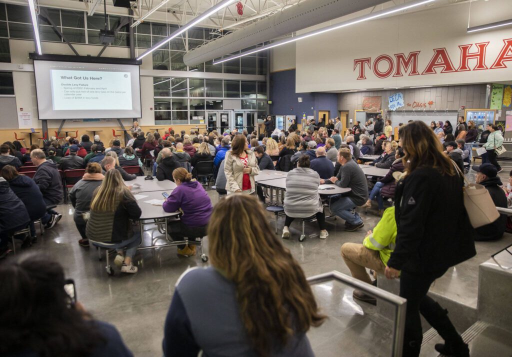 People fill up the Commons at Marysville Pilchuck High School for the Marysville School District budget presentation on Tuesday, Nov. 28, 2023 in Marysville, Washington. (Olivia Vanni / The Herald)

