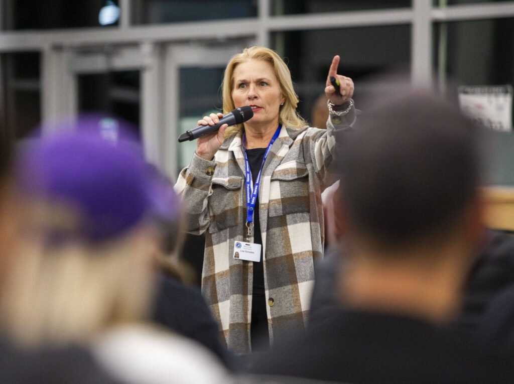 Executive Director of Finance and Operations Dr. Liz Gonzales speaks during the Marysville School District budget presentation on Tuesday, Nov. 28, 2023 in Marysville, Washington. (Olivia Vanni / The Herald)
