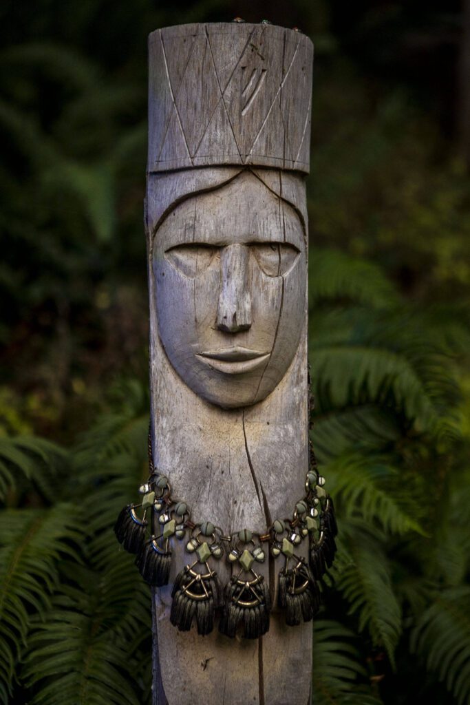 Carvings and statues line the grounds of the Aquarian Tabernacle Church in Index, Washington, in August 2023. (Annie Barker / The Herald)

