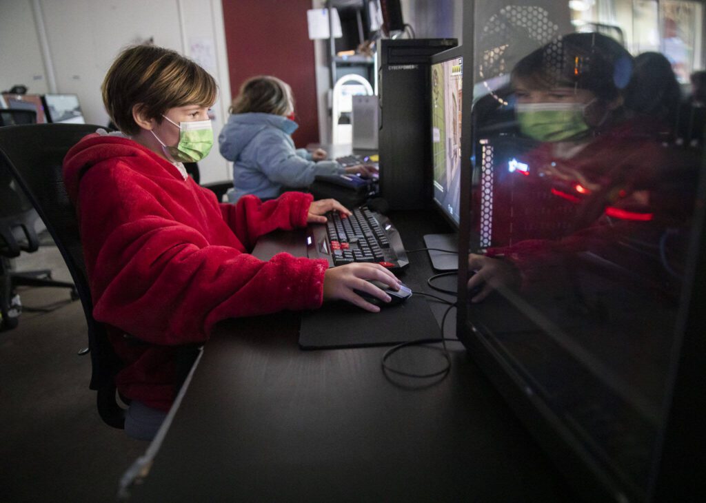Mikey Vogt, 11, plays Counter-Strike 2 in the computer lab at Clearwater School on Thursday, Jan. 25, 2024 in Bothell, Washington. (Olivia Vanni / The Herald)

