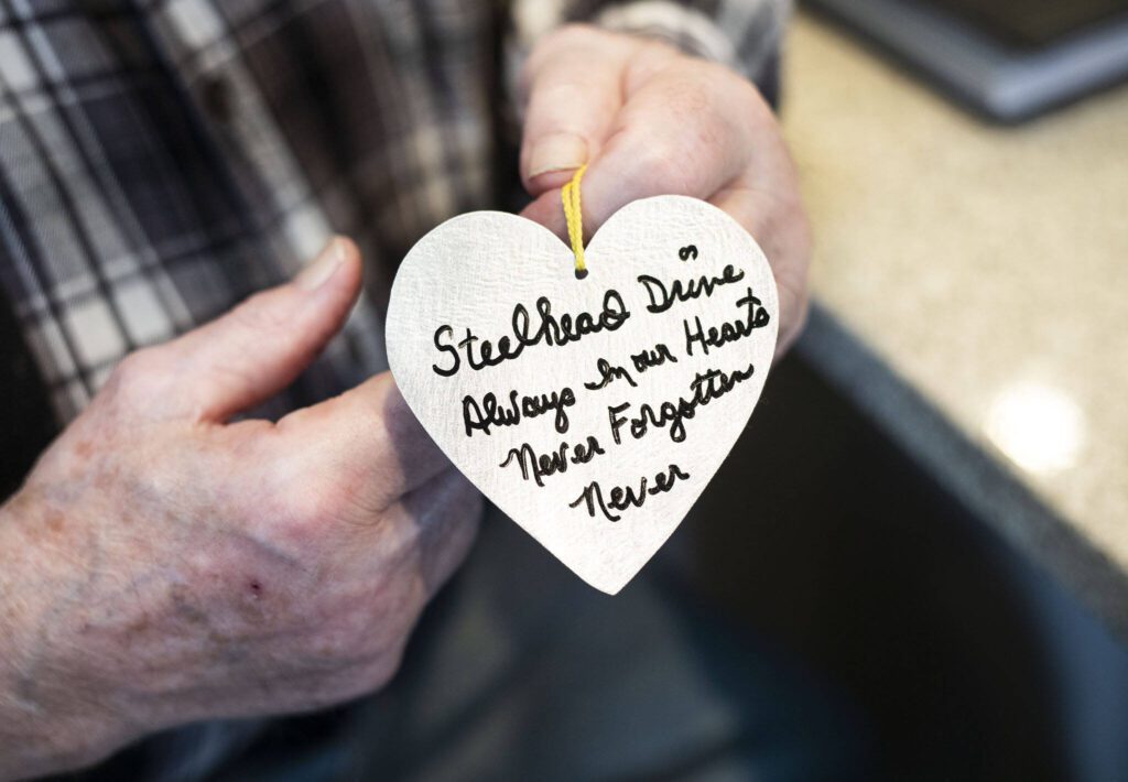 One of thousands of metal hearts Ron Thompson makes and hands out to visitors at the Oso Memorial on Monday, March 4, 2024 in Oso, Washington. (Olivia Vanni / The Herald)
